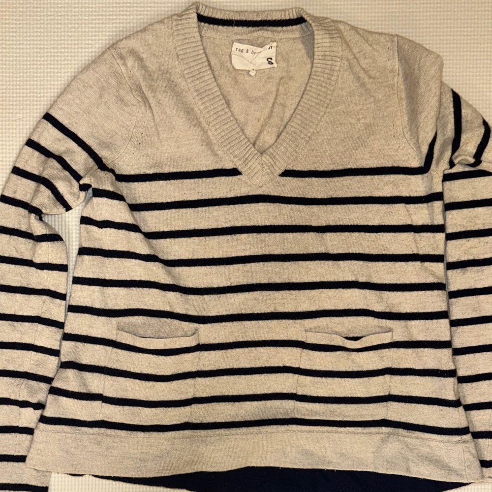 Rag & Bone Cream and Black Striped V-Neck Sweater